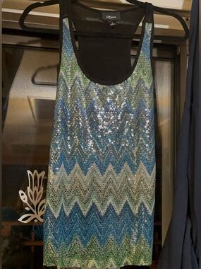 Iz Byer sequin 2000’s vintage blue, green, and white sequin mcbling tank top
